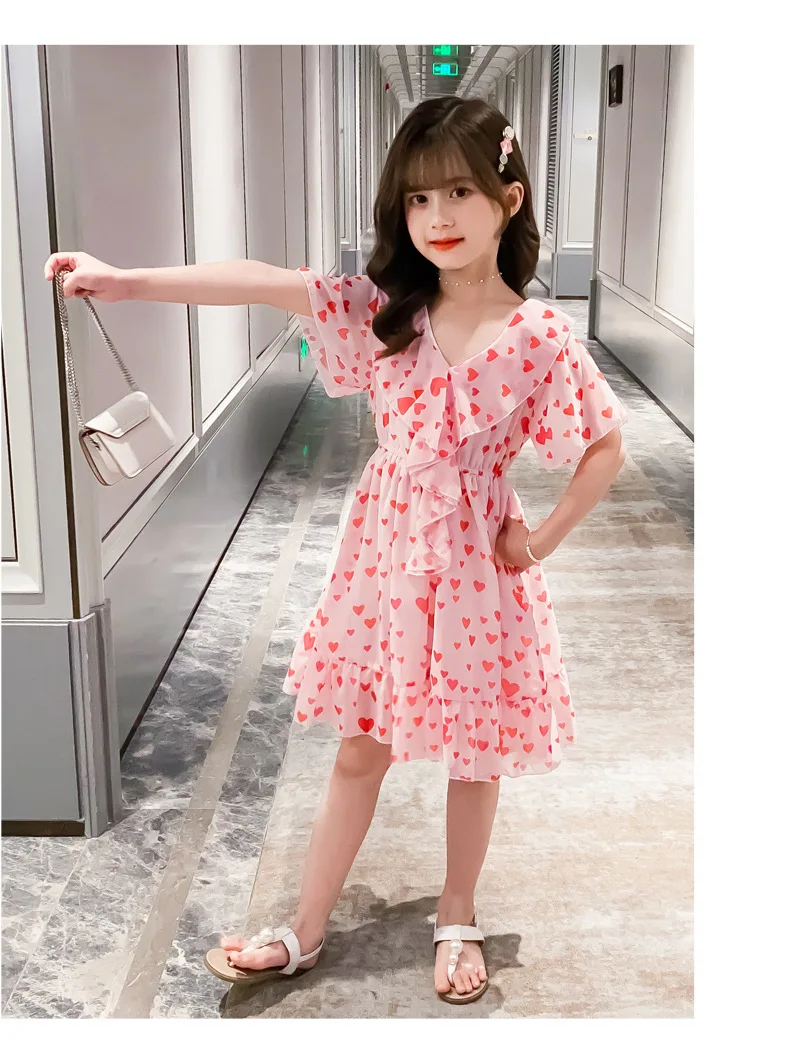 Summer Girls Chiffon Dress Kids Short Sleeve Pink Heart Print Floral Dresses Sweet Children's Princess Gown Children's Clothes- He6fffb7e68a543ff86b89532ed0188adf