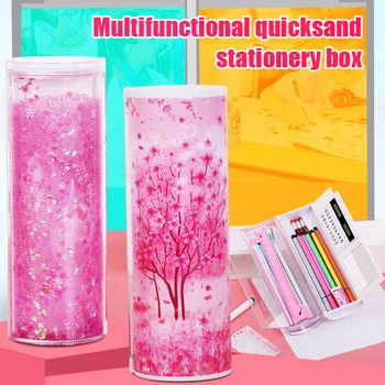 

Quicksand Stationery Box Transparent Cylindrical Pencil Case Multi-Function Pen Case Portable LFX-ING