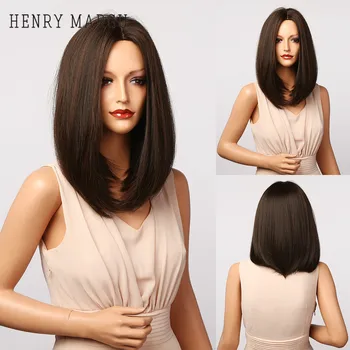 

HENRY MARGU Straight Black Brown Synthetic Wigs with Highlight for Women Middle Part Shoulder Length Heat Resistant Bobo Hair