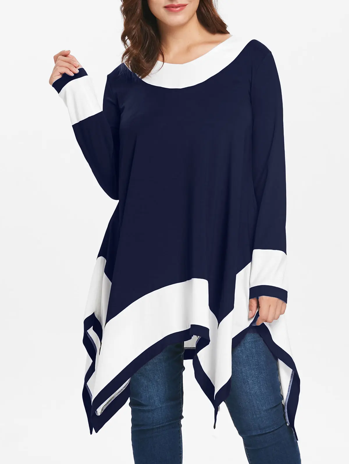  Rosegal Plus Size Contrast Long Sleeve Handkerchief T-Shirt Female Autumn T Shirt Ladies Tops Women