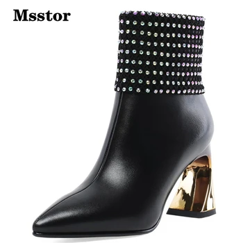 

Hoof Heels Black Boots Women Cow Leather White Fashion Sexy Shoes Woman Winter Shoes Pointed Toe Crystal Women Ankle Boots Sexy