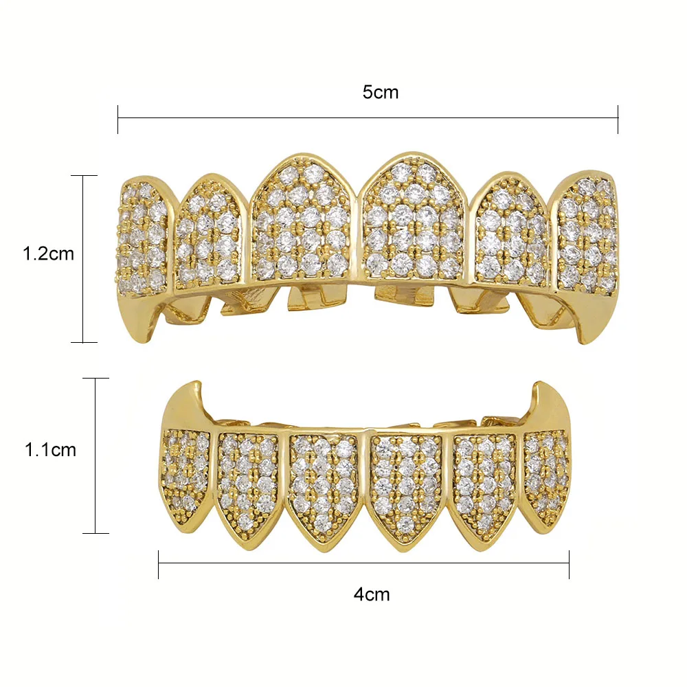 

Hip Hop Teeth Grillz Golden Silvery Plated Iced out Grillz Custom Simulated Diamond Teeth Cap Top & Bottom Cap