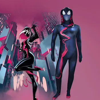 

Black Spider Gwen Stacy Costume Cosplay Hoodie Lycra Removable Mask Zentai Suit Superhero Jumpsuit halloween costumes for Women