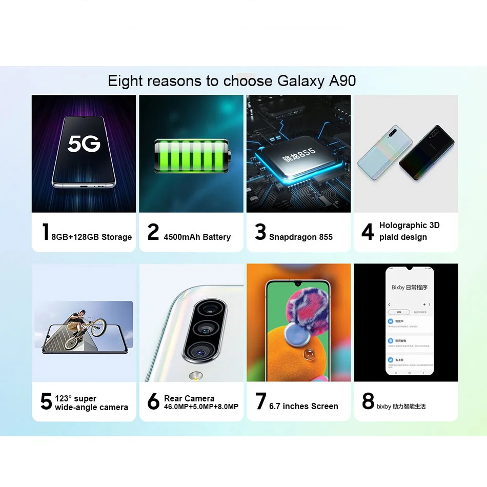 Мобильный телефон samsung Galaxy A90, 5G, Snapdragon 855, 8 ГБ ОЗУ, 128 Гб ПЗУ, A9080, 6,7 дюймов, 48мп, тройная камера, 4500 мА/ч, NFC, 5G, смартфон