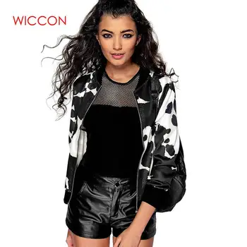 

WICCON Print Long Sleeve Bomber Jacket Women 2018 Casual Spring Autumn Zipper Color Block Basic Coats Girl Short Jacket Outwear