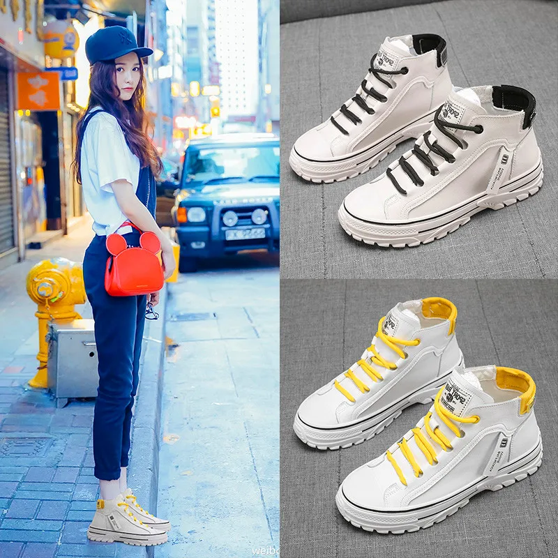 

Leather High-top Women's Shoes White Shoes Breathable Casual Female Thick Bottom Increased Fashion Trend Women's Vulcanize Shoes