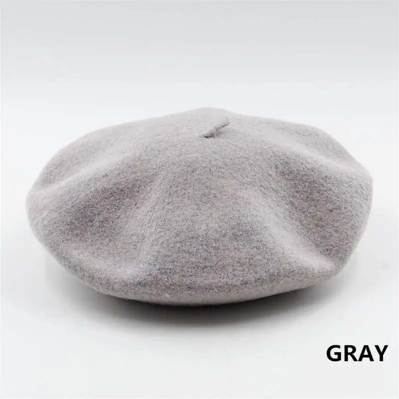 Женский берет для девушек, французский артист, теплая шерстяная зимняя шапка, шапка, винтажный однотонный берет, одноцветная элегантная женская зимняя шапка s - Цвет: Grey