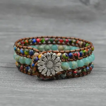 

Boho Handmade Natural Stone Bead 3 Wraps Leather Bracelet Gemstone Energy Multifarious Beaded Bracelet for Women Men