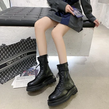 

2020 new black thick heel Martin boots women's platform ankle boots lace up motorcycle boots women's boots