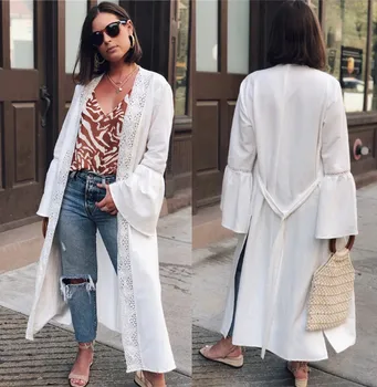 

Beach Dress Pareo For The Saida De Praia Tunic On Swimsuit Ladies New Rayon Spell Lace Horn Long Sleeve Loose Upper Garment