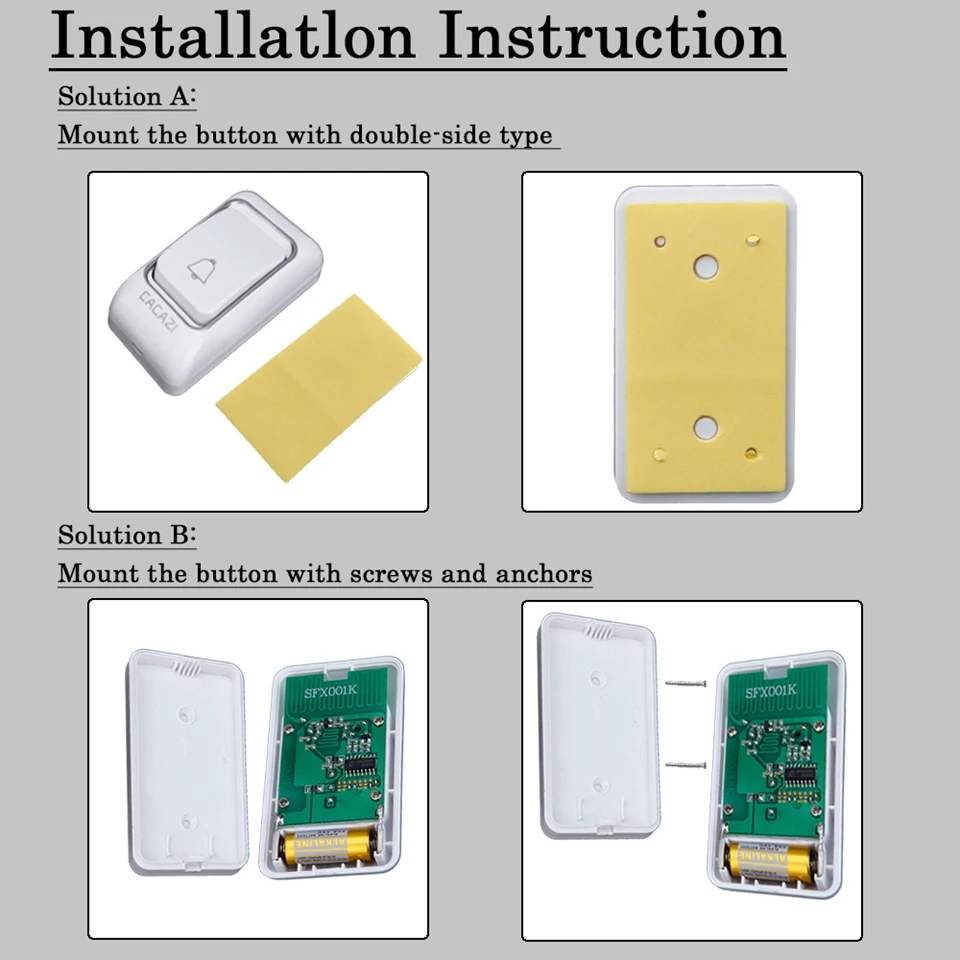 CACAZI Smart Wireless Doorbell DC Battery-Operated Waterproof Home Calling Bell 200M Remote Cordless Ring 36 Chimes 4 Volume