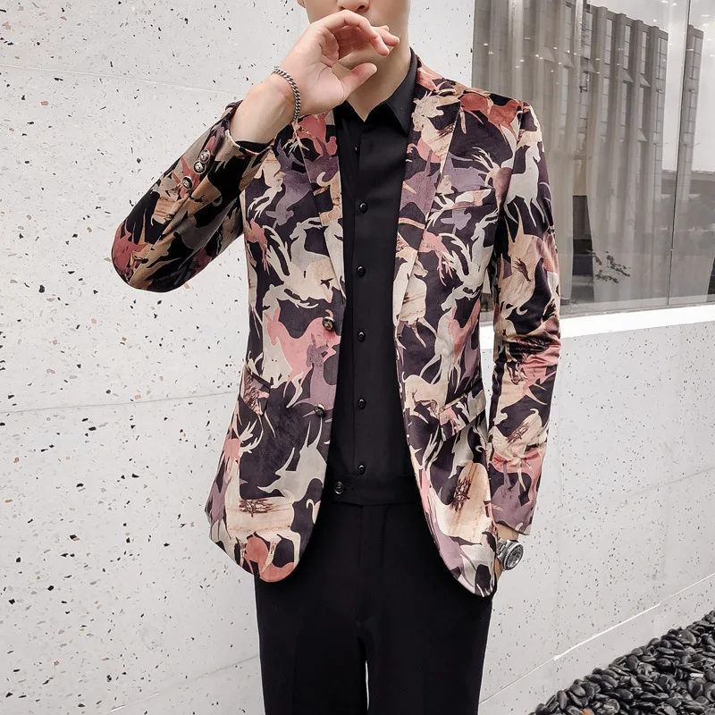 2019 принт человек блейзер Hombre Человек пиджак Slim Fit деловой повседневный модная