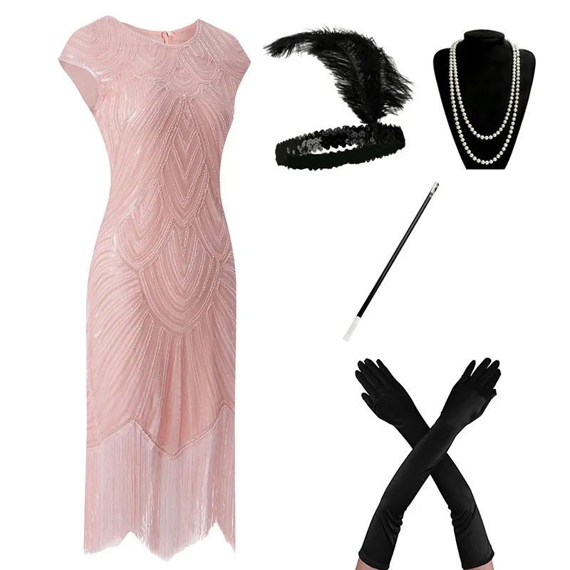 Pink Set (A) 1920s Flapper платье Great Gatsby вечерние платья с блестками и бахромой - Цвет: Pink Set (A)
