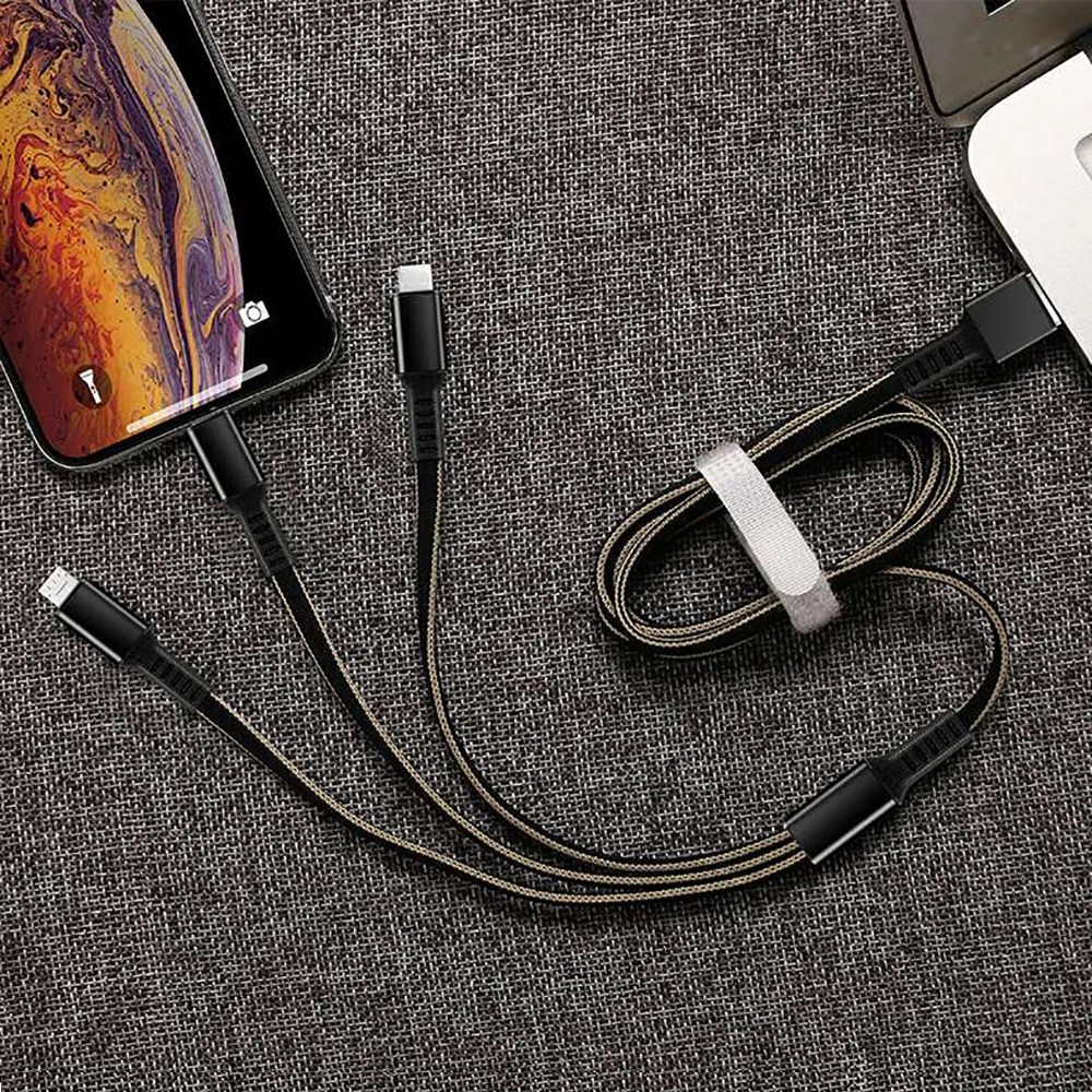 USB кабель для iPhone XS X 8 7 6 Быстрая Зарядка Кабели нейлон 3 в 1 мульти Тип C Micro USB кабель для передачи данных для samsung зарядное устройство Шнур - Цвет: Черный