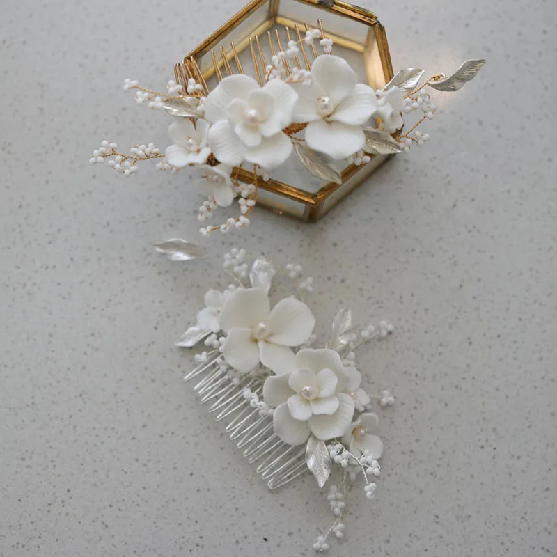 Handmade Alloy Leaf Rhinestone Ceram Flower Freshwater Pearls Bridal Hair Comb Wedding Hair Accessories Women Jewelry