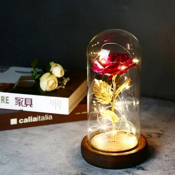 

Gold Foil Artificial Rose Flower With LED Light String In Glass Dome On Wooden Base The Best Gift For Women Home Decoration