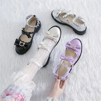

Japanese sweet lolita shoes round head vintage lace bowknot cross strap buckle kawaii shoes cosplay princess loli women JK shoes