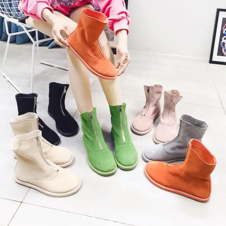 

Dull Polish Front Zipper Big Head round-Toe Martin Boots Motorcycle Boots Short Boots INS Super Fire Candy-Colored WOMEN'S Flat