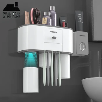 

Automatic Wall Mount Toothbrush Holder Bathroom Toothpaste Dispenser Toothpaste Cup Storage Rack Bathroom Accessories Set