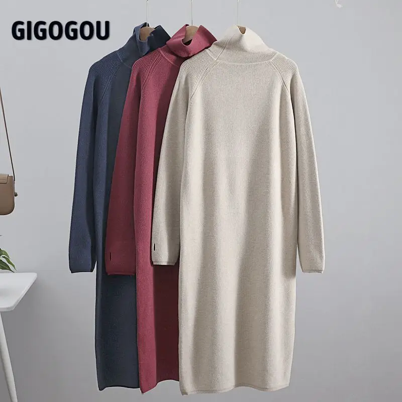 Женское длинное трикотажное платье GIGOGOU плотное теплое прямое платье-водолазка в