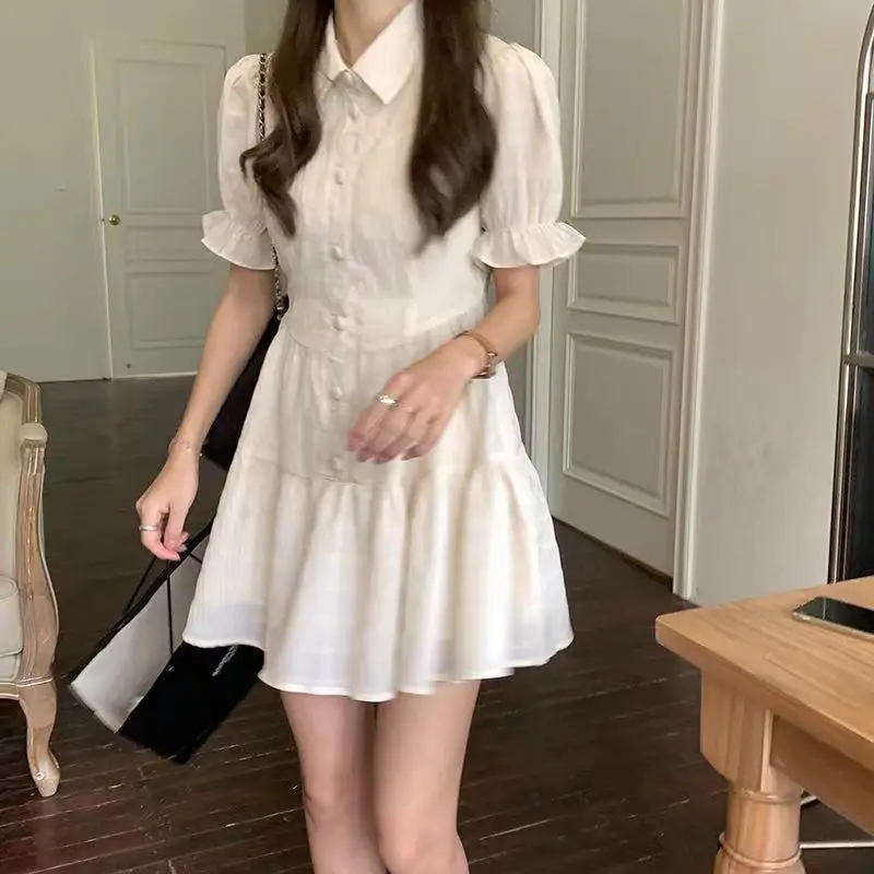 Short Petal Sleeve Dress Women Solid Simple All-match Basic Mini Single Breasted A-line Dresses Preppy Style Ins Sweet Fashion white dress