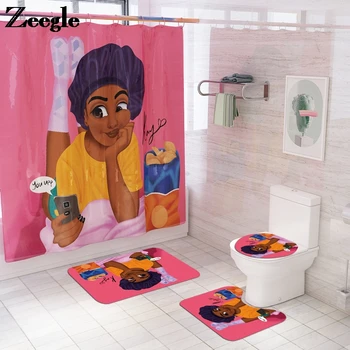 

Portrait Flannel Bath Mat Shower Curtain Set Toilet Bathroom Carpet Rugs African Women Bath Mat Bathroom Floor Mats