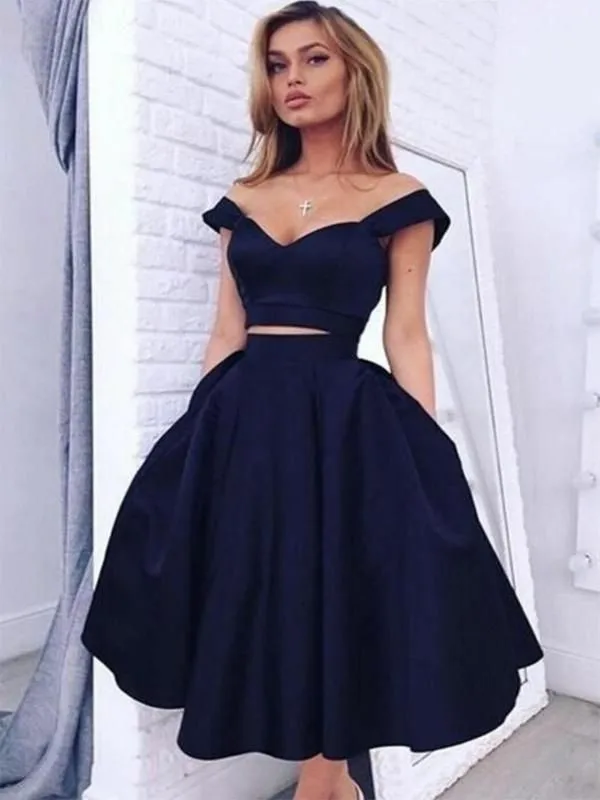 

Two Pieces Short Satin V-Neck Homecoming Dresses with Pockets Lace Up Back Knee Length Abendkleid Robes de Soirée for Women