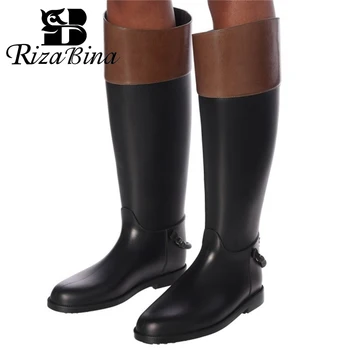 

RIZABINA Women Real Leather knee High Boots Round Toe Low Heel Retro Fashion Boots Slip On Shoes Ladies Footwear Size 35-44