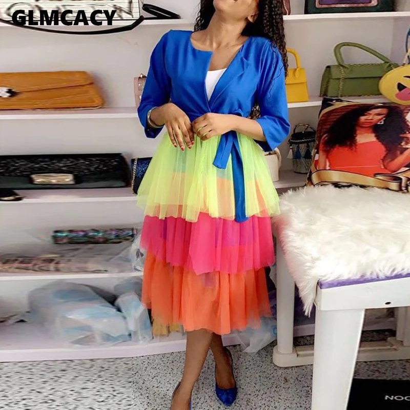 Women Candy Color Cascading Ruffle Design Mesh Splicing Notched Lapel Collar Blazer Dress Chic Plus Size Spring Fall Dress