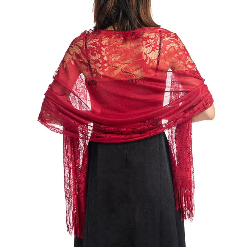 185x63 см, женский шарф 1920 s, ажурный, вязаный крючком, Цветочный, кружевной, с бахромой, с кисточками, свадебная накидка, вечерняя, вечерняя, винтажная шаль 517D - Color: wine red