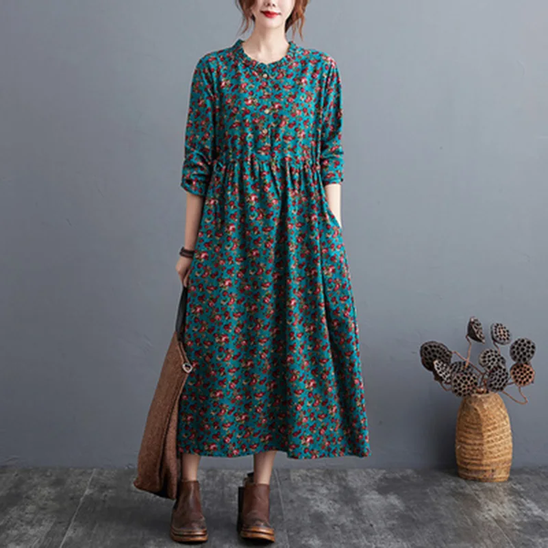 

Spring/autumn Arts Style Women Casual Long Sleeve O-neck A-line Dress Vintga Print Ankle-length Cotton Linen Long Dresses A637