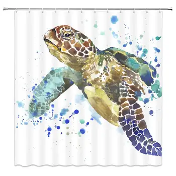 

Sea Turtle Shower Curtain Watercolor Marine Life Ocean Animal Blue Green Decor Fabric Bathroom Curtains, Waterproof Polyester