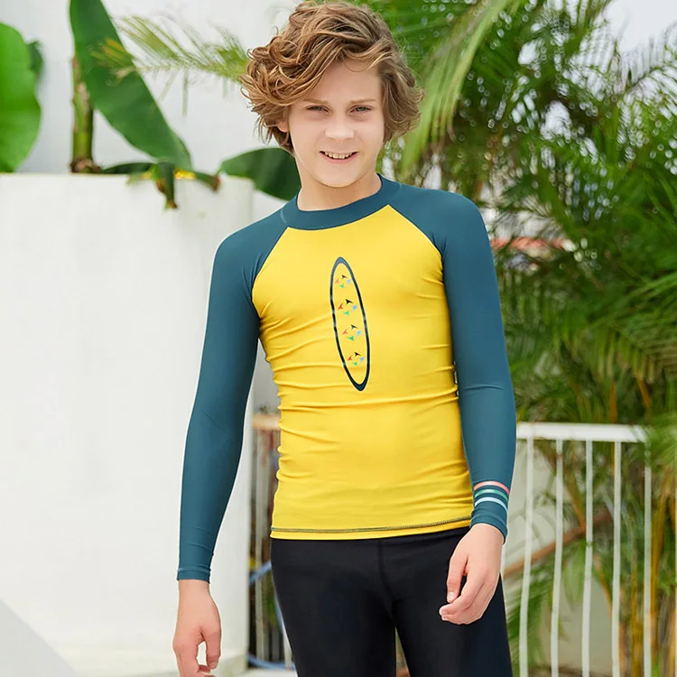 Quick Dry Long Sleeve Sunscreen Beach Tshirt Surf Kids Swim Suit Boys Children Snorkeling Rash Guard Diving Shirts Swimwear - Цвет: Yellow
