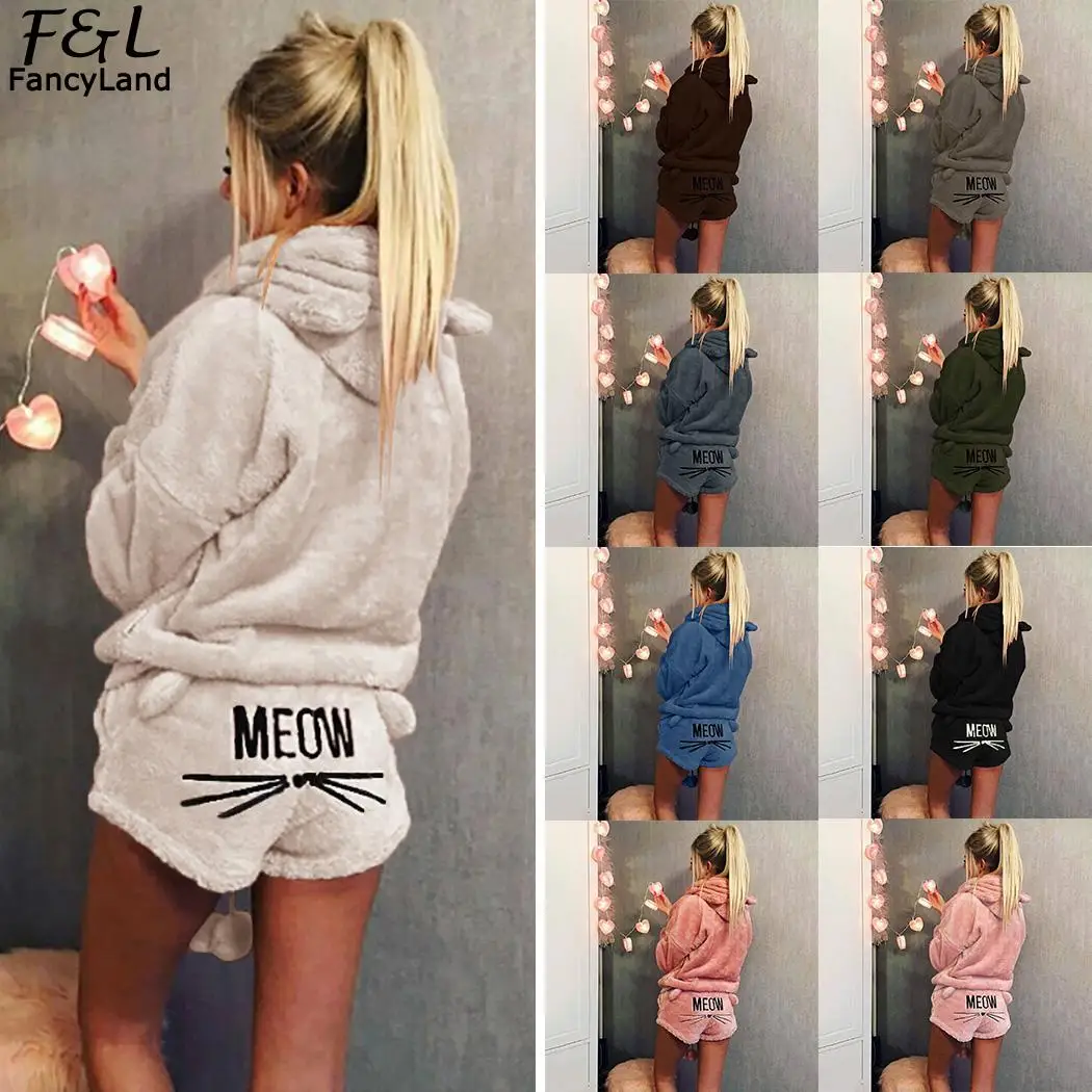 Женский милый комплект одежды для сна с капюшоном и вышивкой, осенне-зимний костюм с карманом и длинным рукавом, комплект из двух предметов, толстовка с капюшоном+ шорты
