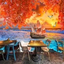 Море парусник кленовые листья ТВ фон гостиная Большое Настенное панно на заказ зеленый шелк ткань обои papel де parede 3d