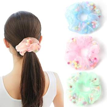

Fashion Women Organza Hair Scrunchies With Colorful Ball INS Girls Cute Ponytail Holder Elastic Hair Bands Hair Accessories New