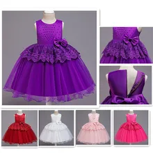 Одежда для маленьких девочек фиолетовое, розовое, Красное Кружевное платье без рукавов с бантом вечернее платье для активного отдыха детская одежда
