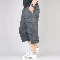 Pantalones cortos Cargo de longitud larga para hombre, Bermudas de algodón con múltiples bolsillos, cintura elástica, estilo informal de caza, verano, 2020