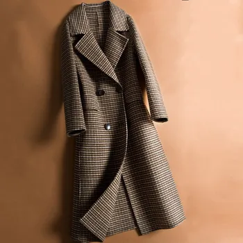 

100% Wool coat 2020 New small plaid long wool coat double-side cashmere cloth fit female overcoat cultivate morality slim waist