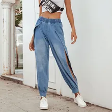 Женские свободные штаны с Боковым Разрезом, широкие штаны, модные штаны для йоги, женские одноцветные джинсы, женские повседневные штаны# A3