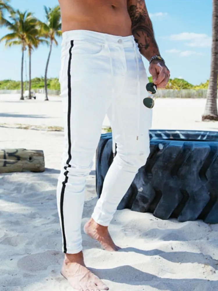 Caliente nuevo lado de los hombres rayas pintadas ajustados recto No arrancó clásicos Casual Jeans tipo hip-hop S-3XL