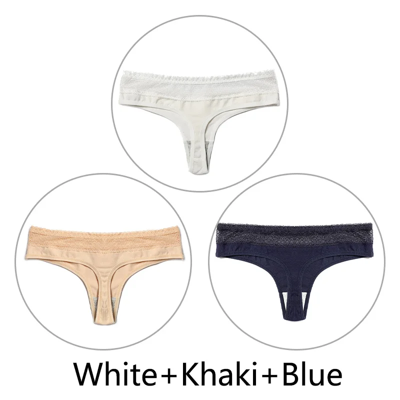 White Khaki Blue 3 шт./партия, стринги из чистого хлопка, женское нижнее белье, сексуальные кружевные трусики, стринги, нижнее белье ажурные дышащие трусики M-3XL, большие размеры - Цвет: White Khaki Blue