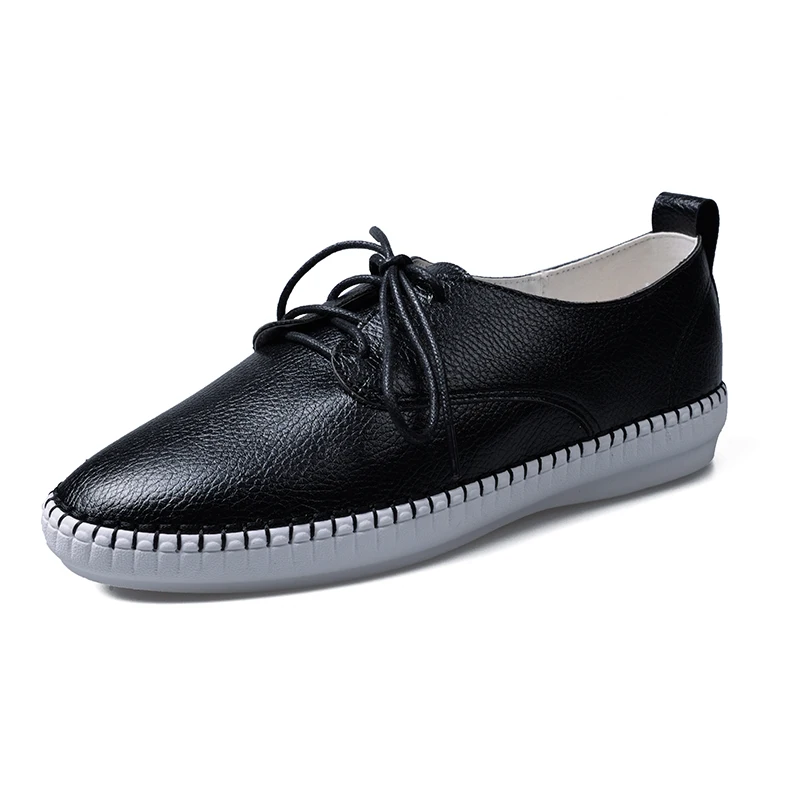 Black C Flats For Women Comrfort Genuine Leather Flat Shoes Woman Loafers Ballet Shoes Female Moccasins White Shoes Big Size 35-43 - Цвет: Black C