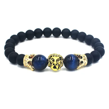 

Fashion Craft Lion Charm Bracelet Men Handmade Elastic Bracelets Women Jewelry Polished Royal Blue Tiger Eye Stone Beads Bangles