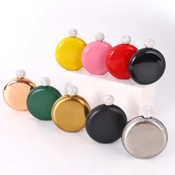 

Portable Round Mini Hip Flask 304 Stainless Steel Wine Kettle Crystal Cover Colorful Ladies Flagon