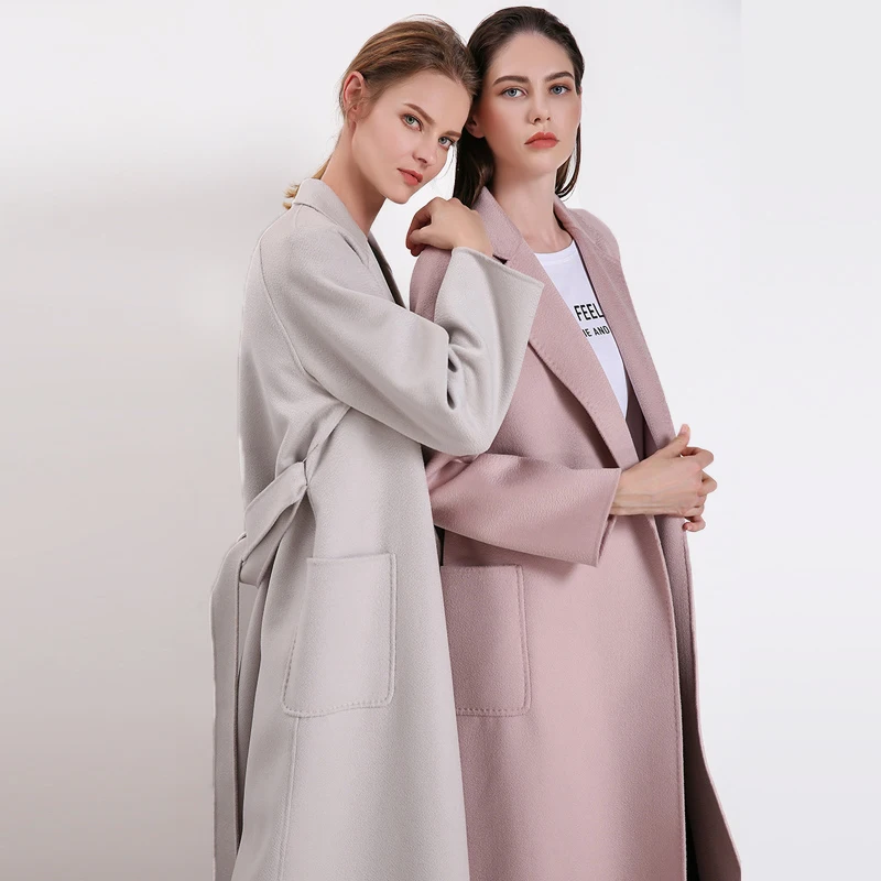 Высококачественное плотное длинное осенне-зимнее пальто с поясом, Женское шерстяное пальто, модная шерстяная Верхняя одежда для девочек, розовое/белое кашемировое пальто