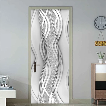 

PVC Door Sticker Modern 3D Abstract Fashion Line Silver Pearl Wallpaper Living Room Art Door Poster Self-Adhesive Mural Stickers
