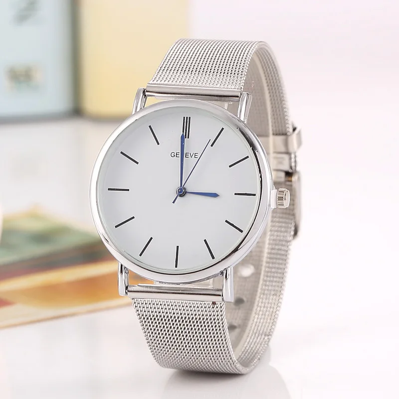 

Hot Selling Geneva Stainless Steel Net Watch Ultra-Thin Quartz Geneva Men Women's Business Watch