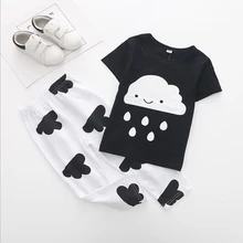 Detal 2019 lato styl odzież dla niemowląt zestawy ubrań dla niemowląt chłopiec bawełna deszcz chmury krótkim rękawem 2 sztuk Baby boy ubrania tanie tanio Liva girl COTTON W wieku 0-6m 7-12m 13-24m 25-36m 3-6y 7-12y CN (pochodzenie) Unisex Moda O-neck Swetry Batwing rękawem