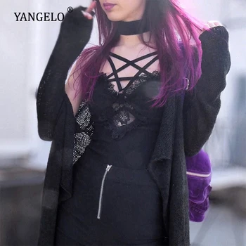 

Yangelo Bodycon Sexy Black Camis Gothic Pentegram Hollow Out Sleeveless Lace Tank Tops Streetwear Punk Camisoles HarajuKU Top